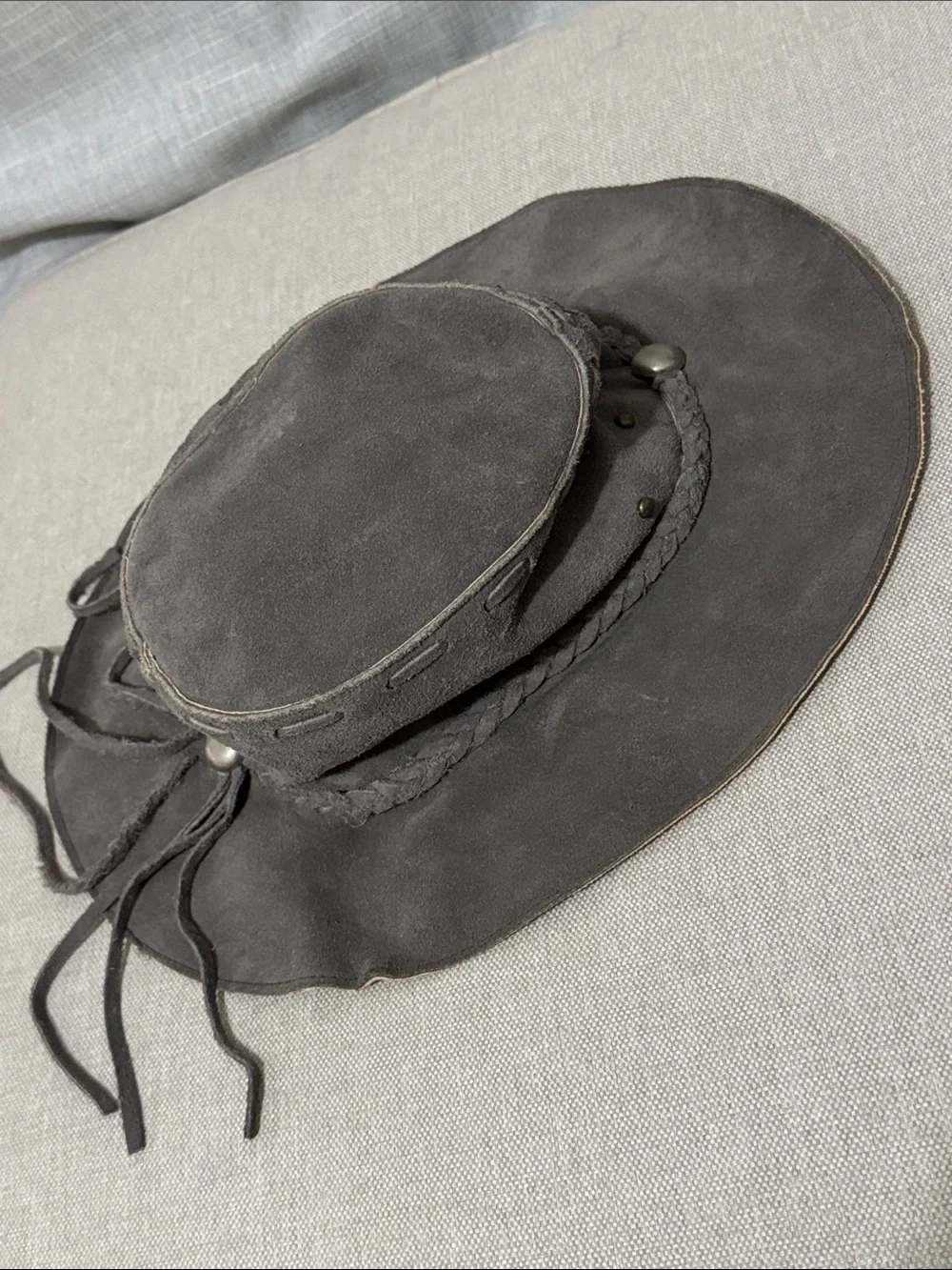 Vintage Handmade Genuine Leather Hat-Made in Mexico-Gray Suede-Wmns Sz M-EUC